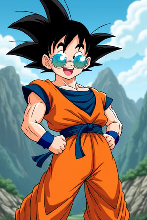 Goku from Dragon Ball wearing round-shaped sunglasses, standing with a confident and playful expression, the shot framed from the waist up, vibrant anime-style illustration with bold colors and dynamic lines, the composition centered on Goku with the sunglasses reflecting a serene mountain background, capturing the iconic and energetic essence of the character.