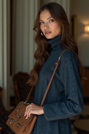 An advanced American-French model, stylish in a sweater with a turtle neck, wavy long hair, glossy lips, pictured indoors, showing a bag, wild yet simple and advanced, denim color, retro style, 8k resolution, medium shot, soft indoor lighting, composition highlighting her elegant outfit and the retro bag, sophisticated and vintage atmosphere.