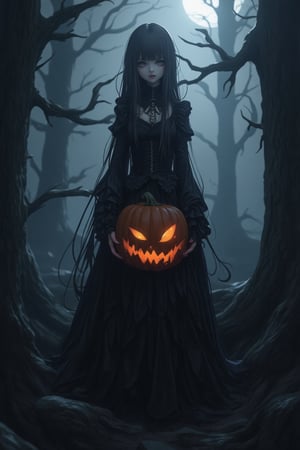 A dark, gothic anime scene with a Nightcore aesthetic. The girl has long, flowing hair and is dressed in a dark, ornate Victorian-style dress. She stands in a dimly lit, eerie forest, surrounded by twisted trees and fog. The girl is holding a creepy ghoul pumpkin, its face carved with a sinister grin. The composition is centered on her, with the background slightly blurred to emphasize her presence. The lighting is moody, with deep shadows and a hint of moonlight breaking through the canopy.