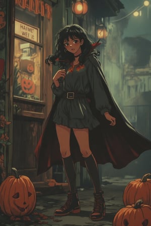 An anime scene with muted retro colors, depicting a girl dressed as a vampire at a Halloween festival. She stands with a confident posture, her costume complete with fangs and a flowing cape. The soft, warm lighting casts a nostalgic glow over the festive atmosphere, with subtle details of pumpkins and decorations adding to the retro charm. The composition captures her playful expression and the lively environment, with the muted palette enhancing the scene's whimsical mood.