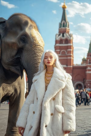 A Midjourney Raw Image Style of a slender, beautiful girl with white hair in a long, white fluffy fur coat, decorated with gold chains, posing with a huge elephant on Red Square in Moscow. The scene is vibrant with bright colors, captured in a Vogue-style, Kodak aesthetic. The girl is centered, with the elephant towering beside her, creating a striking contrast. The composition is dynamic and eye-catching, highlighting the girl's elegant attire and the majestic presence of the elephant. The background features the iconic architecture of Red Square, adding to the grandeur of the scene.