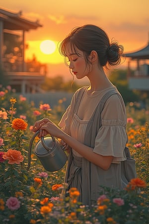 A serene morning scene blending Akira and Hirō styles, featuring a woman watering plants and flowers at sunrise. The composition captures her gentle action, with detailed facial features and sharp lines defining her peaceful expression. The lighting is soft and warm, highlighting the blooming flowers and the early morning glow. The background showcases the sunrise, with the woman tending to her garden, creating a tranquil and beautiful scene.