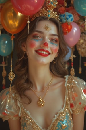 A beauty woman in a Pixomeda style, vibrant and surreal, with a clown-style appearance. She is framed in a mid-shot, wearing a princess dress and clown makeup, exuding a happy and whimsical vibe. Soft, warm lighting highlights her elegant features and joyful expression. Her pose is playful, with a bright smile. The composition is balanced, with intricate details and a dreamlike atmosphere. The background is abstract and colorful, enhancing her unique and enchanting presence.