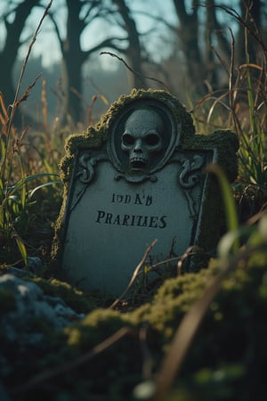 Photo-realistic 60's style of a bright day scene featuring a tombstone with a nice sculpture, dimly lit with shadows cast by the sunlight. The tombstone is surrounded by tall, twisted grass and thick underbrush. Close-up shot, low-key lighting, emphasizing the eerie atmosphere. The tombstone's face is partially obscured by shadows, its eyes wide and unsettling. The scene is filled with dark, foreboding elements, adding to the chilling mood.