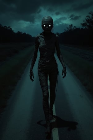 A Junji Ito-inspired scene of a woman transformed into a horror eerie mummy, walking in a weirdly stiff manner down a deserted road at night. Her bandaged form is tattered and grotesque, eyes hollow and unsettling. The lighting is dim, casting long, eerie shadows that emphasize her unnatural movements. The composition is balanced, with the mummy in the foreground and the dark, empty road stretching into the distance, creating a sense of foreboding. The night sky is filled with ominous clouds, adding to the unsettling atmosphere.