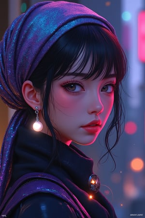 An iconic girl is reimagined with crisp anime lines and an electric color palette, featuring exaggerated anime eyes. Her headscarf is now a flowing holographic material, shifting in neon colors, while her pearl earring is transformed into a glowing cybernetic implant, casting a soft light on her delicately drawn anime face. Her clothing merges 17th-century fashion with futuristic armor, set against a backdrop of a cyberpunk cityscape, rich with Vermeer's interplay of light and shadow. The scene maintains the essence of the original with a modern, animated Niji twist.