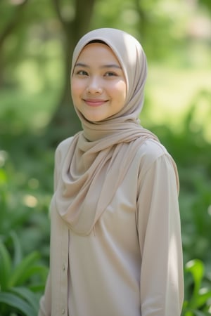 A serene Malay woman stands amidst lush greenery, her gentle smile radiating warmth as she wears a plain hijab and casual clothing. Soft natural light filters through the trees, casting a warm glow on her calm demeanor. Medium shot frames her face and upper body, inviting the viewer into her peaceful atmosphere.