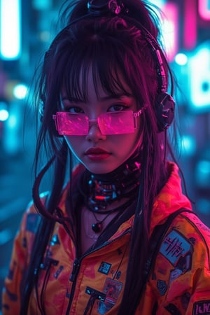 A striking Asian girl stands in a vibrant cyberpunk setting, adorned in Harajuku fashion with glossy lips. Her outfit features bold, eclectic patterns and neon colors, blending traditional Japanese elements with futuristic tech. The scene is framed in a close-up, focusing on her expressive face and glossy lips. The lighting is a mix of cool blues and warm pinks, creating a high-contrast, glossy effect that highlights her unique style.