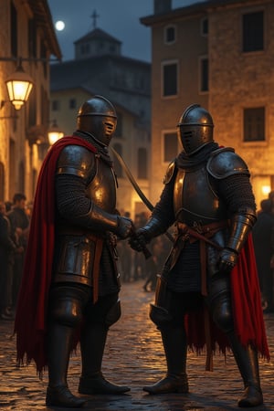 A color photo of two men in medieval armor, locked in combat in the central square of Vigevano at night. The scene is hyperrealistic, with high-quality, ultra-detailed textures on their armor and weapons. The realistic lighting mimics the Nikon Z7, capturing the sharp contrast between the moonlight and the shadows cast by the surrounding buildings. The atmosphere is tense, with the men's faces showing determination and focus. The composition frames the fighters in the center, with the historic architecture of Vigevano's square providing a dramatic backdrop. The image is 8k, showcasing every intricate detail, from the glint of steel to the cobblestone streets.