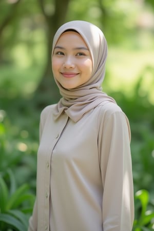 A pretty Malay woman, wearing minimalist and casual clothing, plain hijab, smiling softly, standing in a nature background with lush greenery and sunlight filtering through the trees, medium shot, soft natural lighting, composition centered on her face and upper body, serene and peaceful atmosphere.