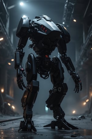 A full-body shot of a futuristic mecha robot war machine, part of a special forces incursion. The robot is sleek and minimalist, with dark black colors and worn chrome accents. The scene is set in a military installation, with intricate details and ultrafine detailing. The perspective is a wide-angle panorama, creating a cinematic and dynamic feel. The lighting is dark with bokeh effects, emphasizing a shallow depth of field. The style is reminiscent of SPARTH, with a rococo influence.