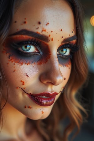 Macro photography style, shallow depth of field, close-up shot of a woman's face wearing Halloween makeup, sharp focus on the intricate details and textures, soft natural lighting, detailed patterns and colors, high detail, realistic texture, vibrant makeup tones, indoor setting with a blurred background, intimate composition.