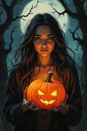 A spooky art drawing of a woman standing in a dimly lit, eerie forest. She holds a glowing pumpkin in her hands, casting an ominous light on her face. Her expression is one of mystery and intrigue, with a slight smile. The background features twisted trees and a full moon, creating a haunting atmosphere. The composition is centered, with the woman in the foreground and the forest in the background, emphasizing the spooky mood.