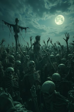 Skeletons emerging from the abyss with a scarecrow nearby, eerie lighting casting long shadows, the composition is wide-angle to capture the entire scene, skeletons in various poses, some reaching out, the location is a desolate, moonlit field with a haunting atmosphere, the subject is the eerie gathering of skeletons and the scarecrow.