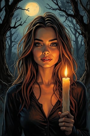 A spooky art drawing of a woman holding a Halloween carving candle, standing in a dimly lit, eerie forest. The candle's flame flickers, casting an ominous light on her face. Her expression is one of mystery and intrigue, with a slight smile. The background features twisted trees and a full moon, creating a haunting atmosphere. The composition is centered, with the woman in the foreground and the forest in the background, emphasizing the spooky mood.