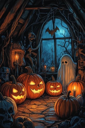 A spooky art drawing of Halloween decorations set up in a dimly lit, cobweb-filled attic. The scene features jack-o'-lanterns with eerie grins, hanging bats, and ghostly figures. The lighting is low, with only a few flickering candles casting an ominous glow. The composition is cluttered, with decorations scattered throughout the attic, creating a chaotic and spooky atmosphere. The framing is wide, capturing the entire eerie setup.