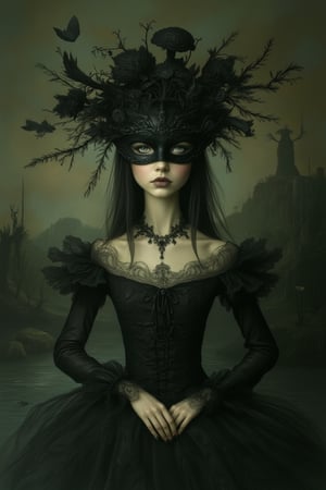 A whimsical scene inspired by Nicoletta Ceccoli and Daria Petrilli, featuring a mysterious woman wearing a mask on her face. The composition is framed mid-shot, capturing her elegant pose and the intricate details of her attire. The lighting is soft and eerie, casting a mysterious glow on her figure. The background is a fantastical, surreal landscape with dark, mystical elements, emphasizing the supernatural atmosphere. The mask adds to her enigmatic presence, creating an air of intrigue.