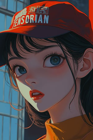 A close-up shot of a woman's face wearing a cap labeled TENSORIAN, blending Akira and Hirō styles. The composition focuses on her detailed facial features and sharp lines, with the cap adding a distinct element. The lighting is vibrant, highlighting her stylish accessory and expressive eyes. The background is minimalistic, allowing her face to be the central focus.