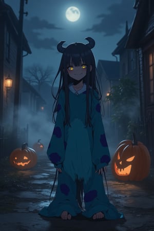 A Nightcore anime scene set on a spooky Halloween night. The girl is dressed in a Monster Inc. costume, complete with a Mike Wazowski or Sulley-inspired outfit. She stands in a dimly lit, eerie neighborhood, surrounded by jack-o'-lanterns and fog. The girl is smiling mischievously, her eyes glowing with a playful light. The composition is centered on her, with the background slightly blurred to emphasize her presence. The lighting is moody, with deep shadows and a hint of moonlight adding to the Halloween atmosphere.