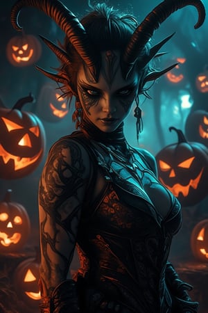 A stunning Oni woman exuding a sense of glory and power, standing in a Halloween night setting. Her dark, intricate tattoos and glowing neon accents in her horns and eyes stand out against the eerie backdrop. The scene is illuminated by flickering jack-o'-lanterns and neon lights, creating a striking contrast between her beauty and the surrounding darkness. Framed in a dynamic, mid-shot pose with a confident, slightly smirking expression, capturing the essence of beauty and darkness in a dramatic, high-contrast composition.