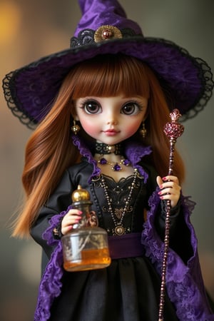 A cute doll dressed as a witch, holding a detailed magic potion and a magic stick. The doll is framed in a mid-shot, capturing her playful expression and the intricate details of her witch costume. Soft, warm lighting highlights the vibrant colors and magical elements of her attire. The composition centers on the doll, with a slight tilt to add a dynamic feel. The background is a subtle, muted pattern to keep the focus on the doll's enchanting charm.