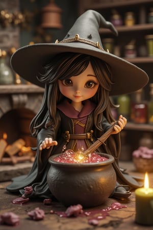 A detailed figurine of a cute witch, holding a magic stick to mix a bowl of potion. The scene is set in a cozy, enchanted cottage with a fireplace and shelves filled with spell ingredients. The lighting is warm and inviting, highlighting the witch's playful expression and the bubbling potion in the bowl. The composition is centered, with the witch's magic stick stirring the potion, capturing the essence of whimsy and enchantment.