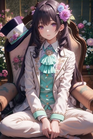 A very beautiful and elegant Japanese girl from Nogizaka46 sits cross-legged on a rococo couch, holding a top hat with a mint green and purple flower corsage. The background is filled with beautiful flowers. She wears a white and light purple gorgeous embroidered frilly tie and a matching embroidered suit jacket with pants style. A beautiful flower corsage decorates her collar. The scene is set in a shooting studio with an oblique composition. --ar 4:5 --quality 2 --style raw --stylize 250 --v 6.1