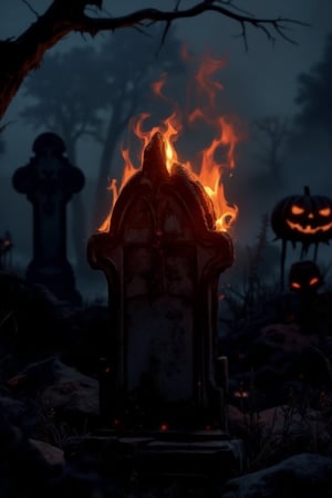 A J-horror anime scene featuring a burning tombstone on Halloween night. The tombstone is engulfed in flames, casting an eerie, flickering light over the surrounding graveyard. The scene is set in a dark, foggy graveyard, with Halloween decorations casting eerie shadows. The composition is centered on the burning tombstone, with the flames and the Halloween background slightly blurred, emphasizing the unsettling atmosphere. The atmosphere is tense and foreboding, with a sense of the supernatural and the unknown.