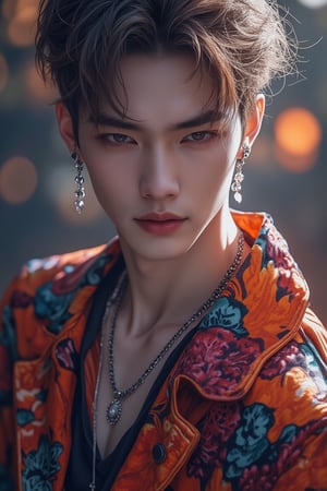 Niji style, HD exquisite character, strikingly handsome K-pop singer, vibrant colors, dynamic pose, medium shot,舞台上, spotlight effect, intricate details in fashion, trendy outfit with bold patterns, confident expression, catchy hairstyle, energetic atmosphere, focus on charisma and stage presence.