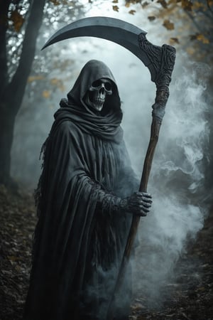 A Midjourney Raw Image Style, hyper-realistic photography of an upper body portrait, cinematic depiction of a Grim Reaper wearing smoky gray robes, holding a scythe that fades into mist. The character stands in a dark, foggy forest, with leaves and mist swirling around, capturing the somber and quiet atmosphere of November. The composition is dramatic and eerie, focusing on the Grim Reaper's haunting presence and the mysterious, ethereal environment.