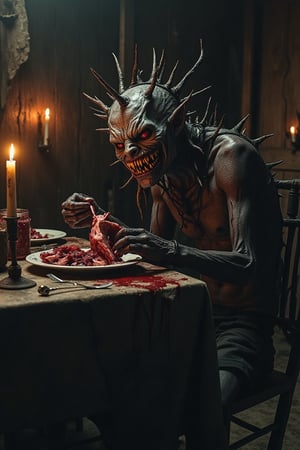 A creepy, thorny creature sits at a rickety table in a dark, eerie room, having a breakfast of raw meat. The creature has a twisted, unsettling smile and eerie, glowing eyes. The room is dimly lit with flickering candles, casting long shadows and adding to the sense of unease. The creature's sharp, thorn-covered limbs are visible as it tears into the raw meat with its jagged teeth. The composition is tight, focusing on the creature's grotesque visage and the bloody meal, with the dark, twisted environment adding to the overall atmosphere of dread.