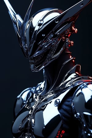 Close-up of a Neo Genetic Cyberpunk Royal Guard with chrome-shining bodywork featuring a ceramic effect, designed in the style of Mamoru Nagano and Noriyoshi Ohrai. The figure is illuminated by studio lighting, showcasing polycarbonate bodywork and ceramic details with precision. Set against a dynamic, intense background, the image is rendered in hyper-realism with sharp focus, emphasizing minimalist, intricate details.