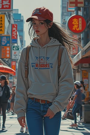 A dynamic street scene blending Akira and Hirō styles, featuring a lady wearing a hoodie with Vokabers written on it, paired with denims and a cap also labeled Vokab. The composition captures her walking motion, with detailed facial features and sharp lines defining her casual attire. The lighting is urban, highlighting the bustling street environment. The background showcases street details, with the woman in motion, creating an energetic and vibrant scene.