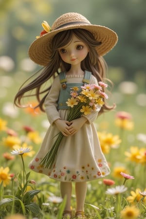 A detailed figurine of a pretty girl in a casual dress adorned with small flower patterns, standing amidst a field of blooming flowers. The scene is set in a vibrant garden, with colorful blossoms and soft grass underfoot. The lighting is soft and natural, highlighting the girl's cheerful expression and the delicate floral design on her dress. The composition is centered, with the girl holding a bouquet of flowers, capturing the essence of spring and innocence.