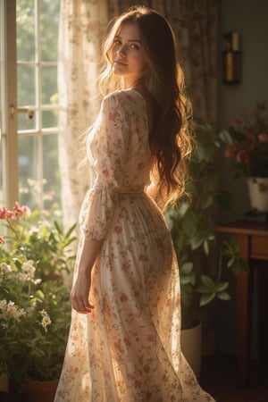 A cozy indoor setting with a woman standing in a well-lit room, her brown blonde long wavy hair cascading down. She wears a long flowy dress adorned with small flowers, her expression serene and content. The scene is bathed in warm, natural light, with soft shadows enhancing the homely atmosphere. The composition captures her graceful presence, framed to highlight her elegant attire and the inviting home environment.