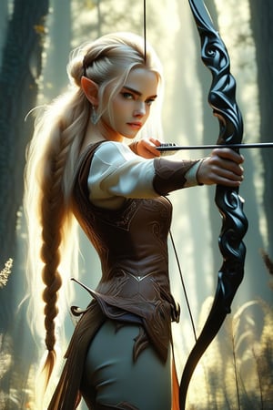 A beautiful elven archer stands in the midst of hunting, her long, light blonde hair styled into a thick braid. Dressed in elegant elven hunting attire, she is poised to release an arrow from her intricately designed bow. The background is a dense mystical forest, with dappled sunlight filtering through the trees. High level of detail in an anime style, with expressive eyes and dynamic movement. Full-body view captures the grace and focus of the archer in action, her form elegant and precise as she aims. --ar 4:3 --style raw --stylize 250 --v 6.1