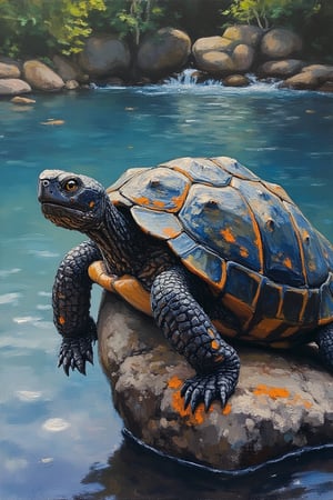 A close-up acrylic gouache painting of a tortoise perched on a rock at the edge of a river. The scene is depicted in vibrant, textured brushstrokes, with soft, diffused lighting that highlights the tortoise's intricate shell and the ripples of the water. The tortoise is framed tightly, its head slightly raised, capturing a moment of stillness. The composition is focused, with the rock and water gently blurred, drawing all attention to the tortoise's detailed features and the rich, textured surface of the painting.