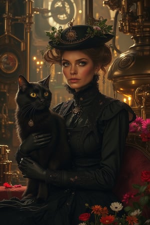 A steampunk ambience with a woman holding a black cat in the foreground, surrounded by intricate gears, brass machinery, and flowers. The scene is illuminated by warm, ambient lighting, casting long shadows. The woman is dressed in a Victorian-era outfit, with the cat perched on her lap. The background features a steam engine and various mechanical contraptions. The composition is balanced, with the woman and cat in the center, framed by the detailed steampunk environment and vibrant flowers.