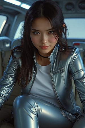 A woman in a long jacket and t-shirt, rendered in Hajime Sorayama's hyper-realistic style, leans casually on a couch in a futuristic car. The jacket is sleek and form-fitting, with intricate patterns and cybernetic enhancements visible on her limbs. Her expression is serene, with a subtle, inviting smile. The lighting is dramatic, casting sharp shadows and highlighting the smooth, metallic sheen of the jacket. The composition frames her from mid-torso to above her head, capturing her pose and the detailed textures of the car's interior. The background features advanced, neon-lit car elements, all in Sorayama's iconic sci-fi aesthetic.