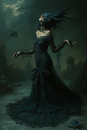 A whimsical scene inspired by Nicoletta Ceccoli and Daria Petrilli, featuring a mysterious woman wearing a mask on her face. The composition is framed mid-shot, capturing her elegant pose and the intricate details of her attire. The lighting is soft and eerie, casting a mysterious glow on her figure. The background is a fantastical, surreal landscape with dark, mystical elements, emphasizing the supernatural atmosphere. The mask adds to her enigmatic presence, creating an air of intrigue.