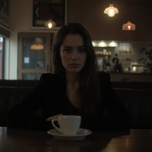 A woman sits alone at a cafe, her face expressionless and dull. The scene is framed mid-shot, capturing her from the chest up, with a coffee cup on the table in front of her. The cafe interior is dimly lit, with soft, muted lighting creating a somber atmosphere. The composition centers on her face, highlighting her lack of expression, while the background shows the cafe's decor in subdued tones.