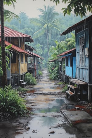 A spectacular, realistic artistic still image in pastel minimalist gouache, capturing a rainy morning in Laivi Poder style. A row of buildings in old town Ipoh Perak stands amidst a tropical forest, with raindrops creating a serene, nostalgic atmosphere. The scene is eye-soothing, neatly framed with halftone pointillism. An anecdotal journey of life, unique untold stories, and hidden wonders are subtly hinted at in this beautiful world scenery, set in a complicated yet captivating setting.