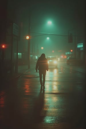 A VHS effect-laden image of a street at night, capturing the nostalgic graininess and color distortions. The scene is framed with a person walking on a wet, rainy road under dim, flickering streetlights. The lighting is soft and diffused, with a warm, golden hue. The composition emphasizes the gloomy atmosphere, with traffic lights and cars in the background. The shot is slightly tilted, adding to the vintage feel.