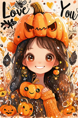 (I Love You) text and 🎃 emoji installation in doodle art style, featuring a girl wearing a cute pumpkin hat. The scene is vibrant with playful, bright lighting. The composition centers on the girl's joyful expression and festive hat, set against a whimsical, hand-drawn background. The overall atmosphere is lively and engaging, perfect for a text and emoji installation.