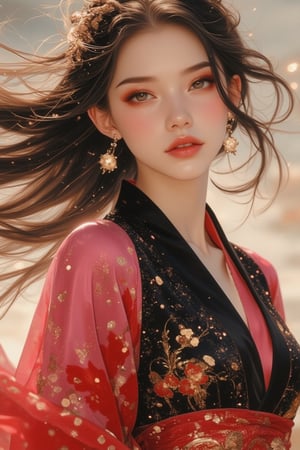 A woman in an Oriental aesthetic, exuding glossy and glittery allure, dressed in a pink and black hanfu that billows in the windy air. She stands confidently with a serene expression, her hair gently swaying. The scene is framed with dynamic ink strokes, capturing the movement of the wind and the glitter of her attire. Soft, warm lighting enhances the glossy fabric and her delicate features. The composition centers on the woman, with the wind adding a sense of motion and life to the image.