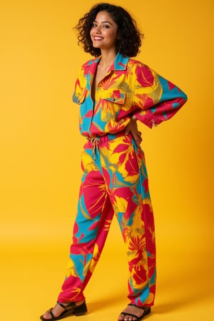 A full-body shot of a pretty Malay woman in her mid-20s, posing as a model. She has black-brown short wavy hair and is wearing vibrant, colorful clothing. The scene is brightly lit, highlighting her confident stance and stylish outfit. The composition captures her from head to toe, emphasizing her dynamic pose and the bold patterns of her attire.