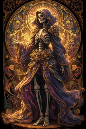 A striking Art Nouveau portrait in the style of Alphons Mucha, featuring a skeleton adorned in flowing, ornate attire with intricate patterns. The skeleton stands with an elegant, almost regal pose, its bones illuminated by soft, ethereal lighting. The composition centers on the skeletal figure, with swirling, decorative elements framing it beautifully. The overall atmosphere is both mysterious and mesmerizing, capturing the essence of Art Nouveau's intricate design and Mucha's distinctive style.