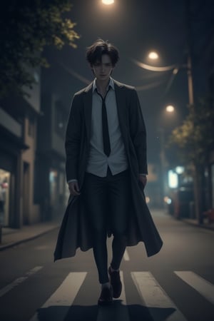 Anime style, exquisite male character, walking alone under dim street light at night, medium shot, detailed facial features, expressive eyes, urban setting, soft ambient lighting, elongated shadow on the road, focus on the character's solitary and introspective presence, slight motion blur, emphasis on the mysterious and atmospheric night scene.