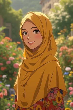 vibrant Moe anime portrait of a pretty Malay woman with large, glossy eyes, wearing a yellow hijab and a loose, colorful blouse. She stands happily in a lush garden, surrounded by blooming flowers and greenery. The scene is framed mid-shot, capturing her radiant smile and the soft, warm lighting that highlights her beauty. The background is a picturesque garden, with a gentle breeze adding movement to her hijab and blouse, creating a serene and joyful atmosphere.