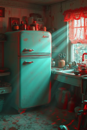 Anaglyph effect, old refrigerator, vintage kitchen view, 3D glasses, hyper-realistic, detailed appliance, soft lighting, wide-angle shot, rustic composition, faded colors, depth perception, high contrast, sharp focus, nostalgic vibe, retro aesthetic, digital art, warm atmosphere.